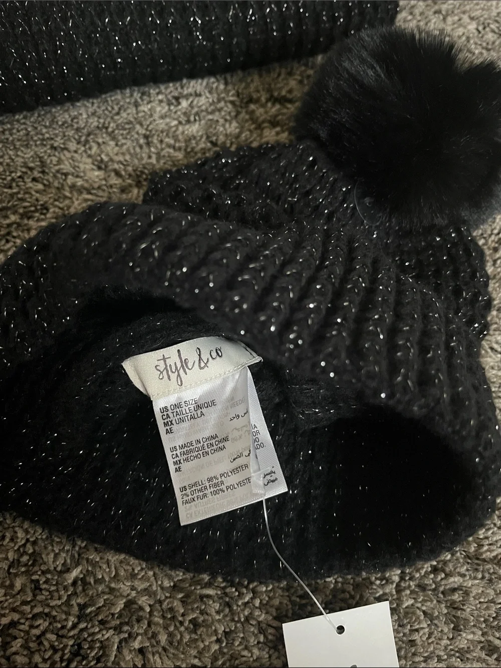 Style & Co. Black Knit Pom hat, gloves and Scarf Set! Black with some silver.